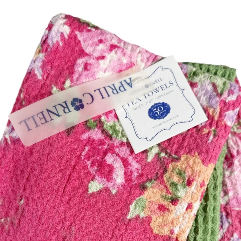 NEW ApriL Cornell COTTGE ROSE FLORAL PINK & GREEN Kitchen Towel Set/3